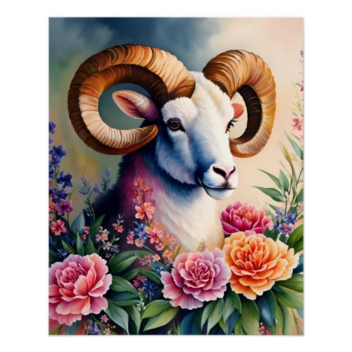 Ram Floral Animal Art Poster