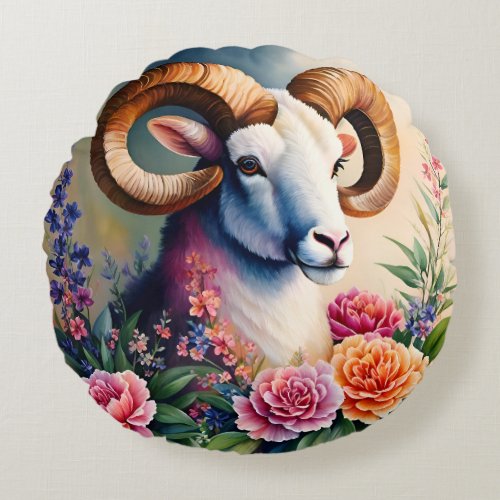 Ram Floral Animal Art Round Pillow
