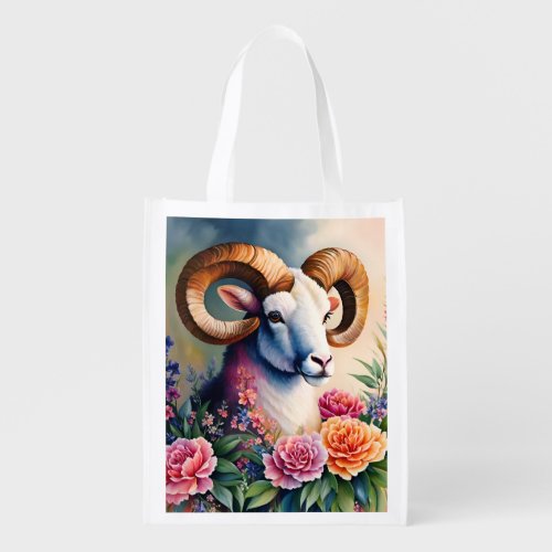Ram Floral Portrait Animal Art Grocery Bag