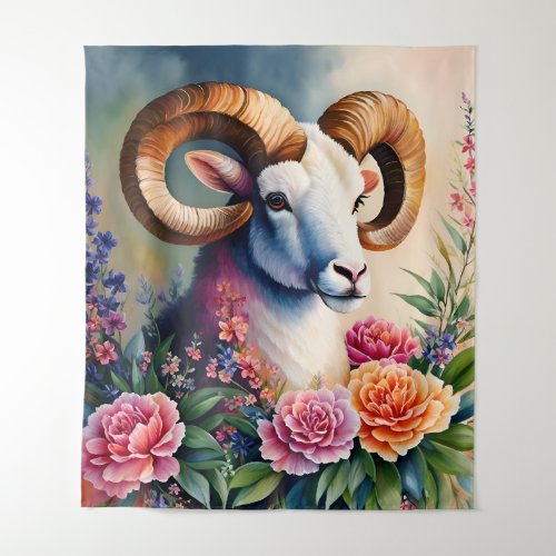 Ram Floral Portrait Animal Art Tapestry