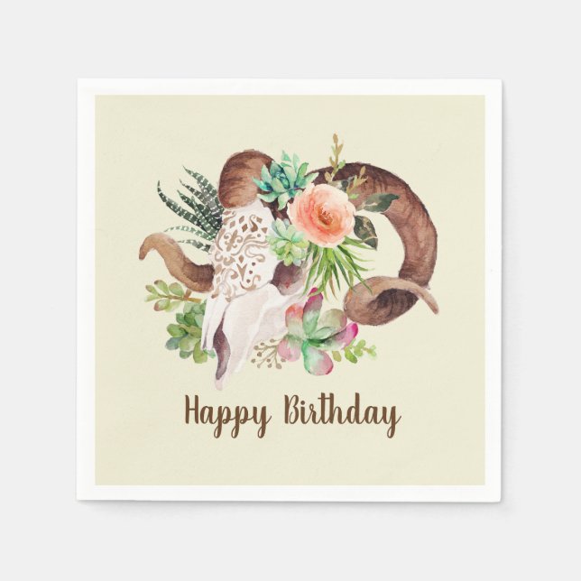 Ram Skull and Succulents Birthday Napkins (Front)