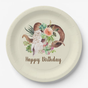 Ram Skull and Succulents Birthday Paper Plates