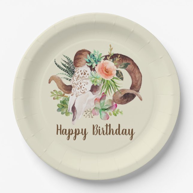 Ram Skull and Succulents Birthday Paper Plates (Front)