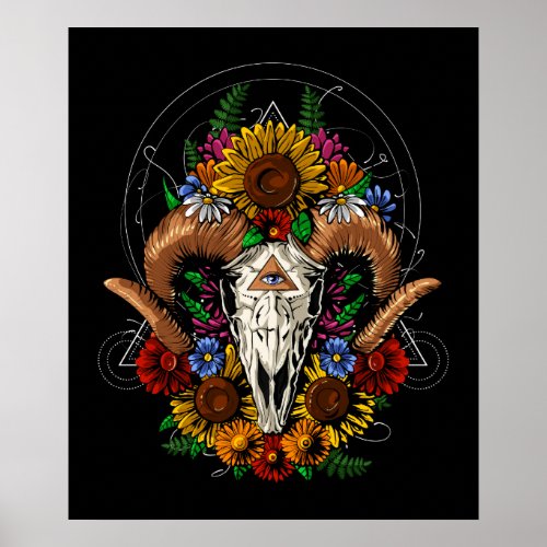 Ram Skull Flowers Poster