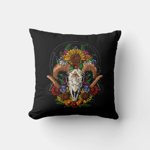 Ram Skull Flowers Throw Pillow