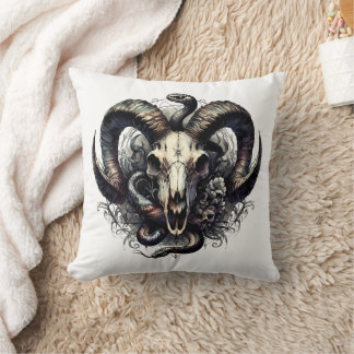 Ram Skull Snakes Gothic Dark Occult Symbolism Throw Pillow