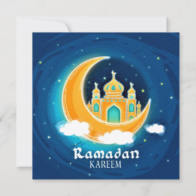 Ramadan Blue Watercolor mosque  Holiday Card (Front)