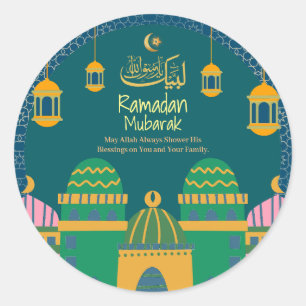 Ramadan Eid Mubarak Golden Calligraphy Greenblu Classic Round Sticker