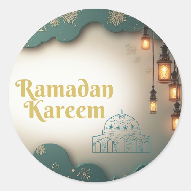 Ramadan Elegance Green & Gold Lanterns and Mosque  Classic Round Sticker (Front)