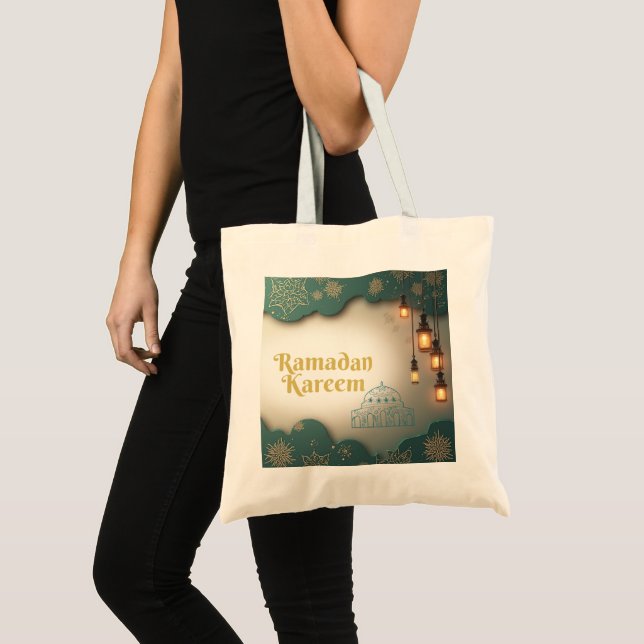 Ramadan Elegance Green & Gold Lanterns and Mosque Tote Bag (Front (Product))
