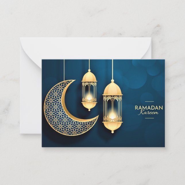 Ramadan Kareem Gold Crescent and lantern  Note Card (Front)