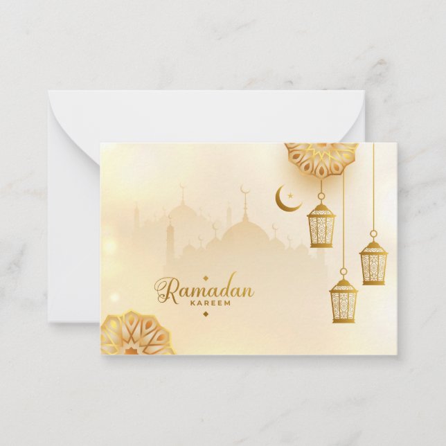 Ramadan Kareem Gold Crescent and lantern  Note Card (Front)