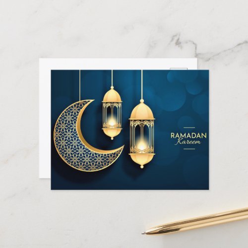 Ramadan Kareem Gold Crescent and lantern Postcard