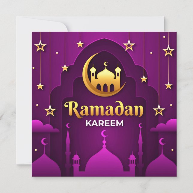 Ramadan Kareem | Golden crescent and mosque Holiday Card (Front)