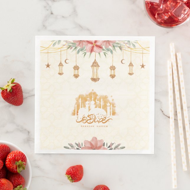 Ramadan Kareem Iftar Floral Watercolor Lanterns Paper Dinner Napkins (Insitu)