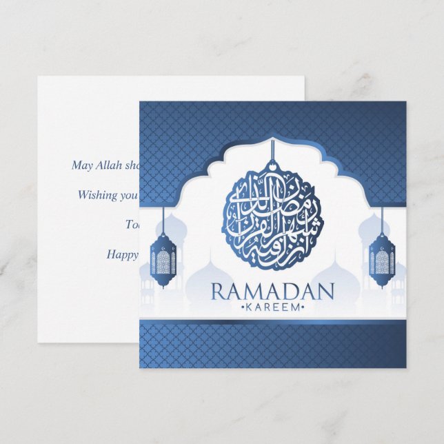 Ramadan Kareem Mubarak Blue White Calligraphy Holiday Card (Front/Back)