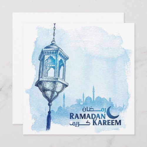 Ramadan Kareem Mubarak Watercolor Blue Mosque Holiday Card