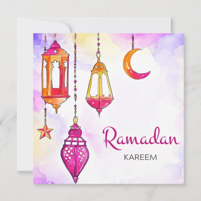 Ramadan Kareem Mubarak Watercolor Crescent  Holiday Card (Front)