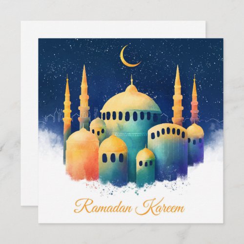 Ramadan Kareem Mubarak Watercolor Cresent Mosque Holiday Card