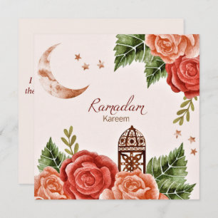 Ramadan Kareem Watercolor Floral Crescent Lantern Holiday Card