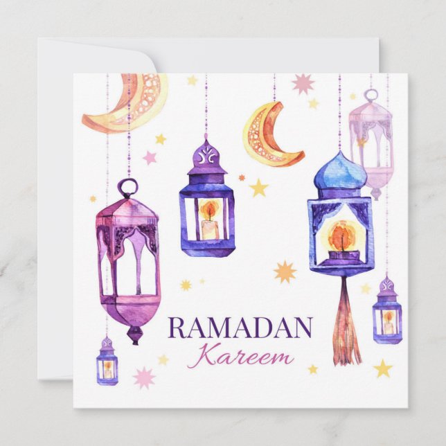 Ramadan Kareem Watercolor Islamic Crescent   Holiday Card (Front)
