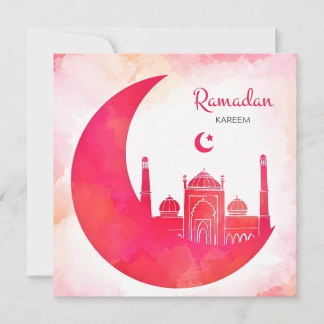 Ramadan Kareem Watercolor Mosque and Crescent   Holiday Card (Front)
