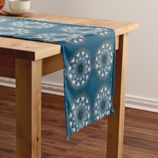 Ramadan Mandala Blue Grey Table Runner (In Situ)
