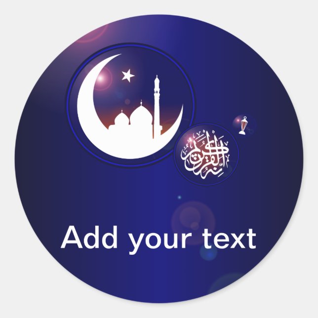 Ramadan Mosque in Crescent Moon with Fanous Blue Classic Round Sticker (Front)