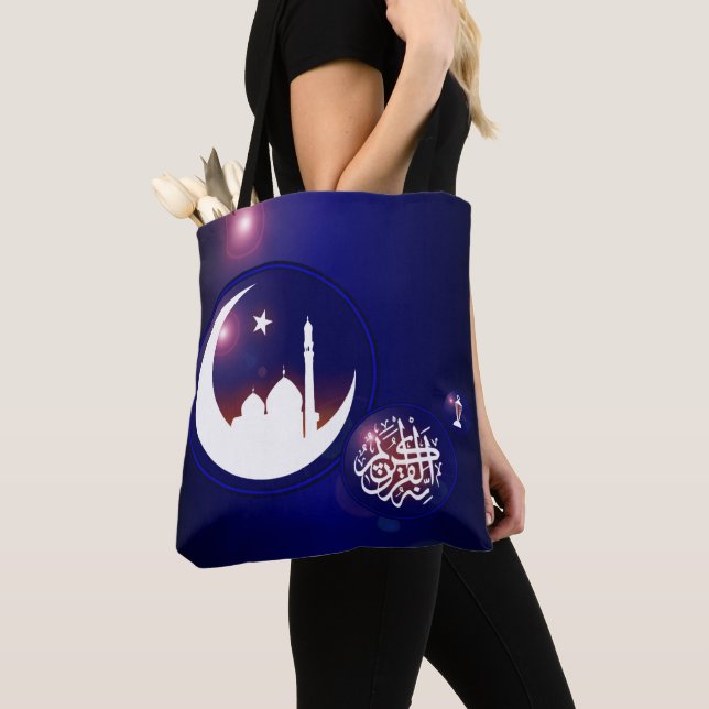 Ramadan Mosque in Crescent Moon with Fanous Blue Tote Bag (Close Up)