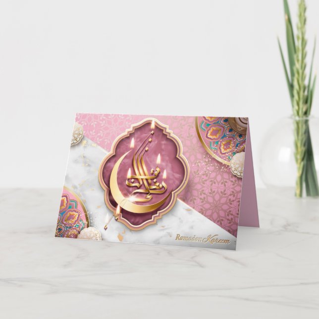 Ramadan Mubarak Arabic Calligraphy Floral Pink  Ho Holiday Card (Front)