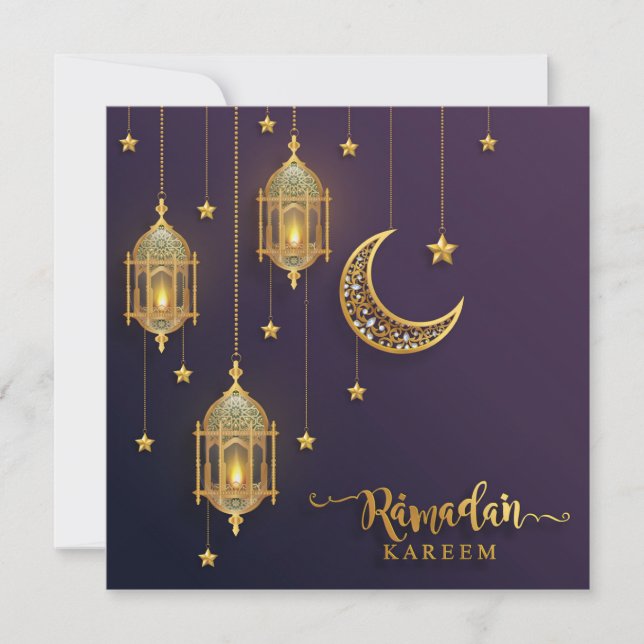 Ramadan Mubarak Bejeweled Crescent Gold Stars  Holiday Card (Front)