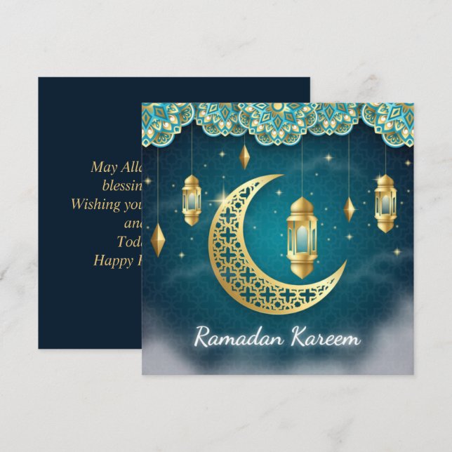Ramadan Mubarak Blue Gold Crescent Islamic Lantern Holiday Card (Front/Back)