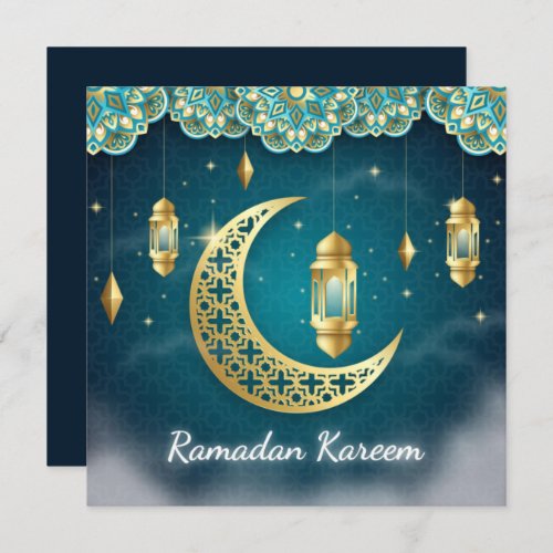 Ramadan Mubarak Blue Gold Crescent Islamic Lantern Holiday Card