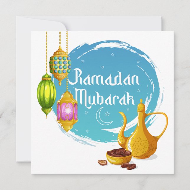 Ramadan Mubarak Colorful Lanterns, Dates & Teapot Holiday Card (Front)