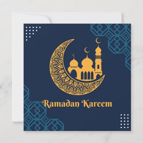 Ramadan Mubarak Crescent Masjid Silhouette Blue Holiday Card