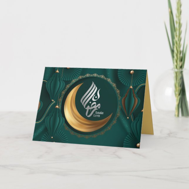 Ramadan Mubarak Gold Crescent Arabic Calligraphy  Holiday Card (Front)