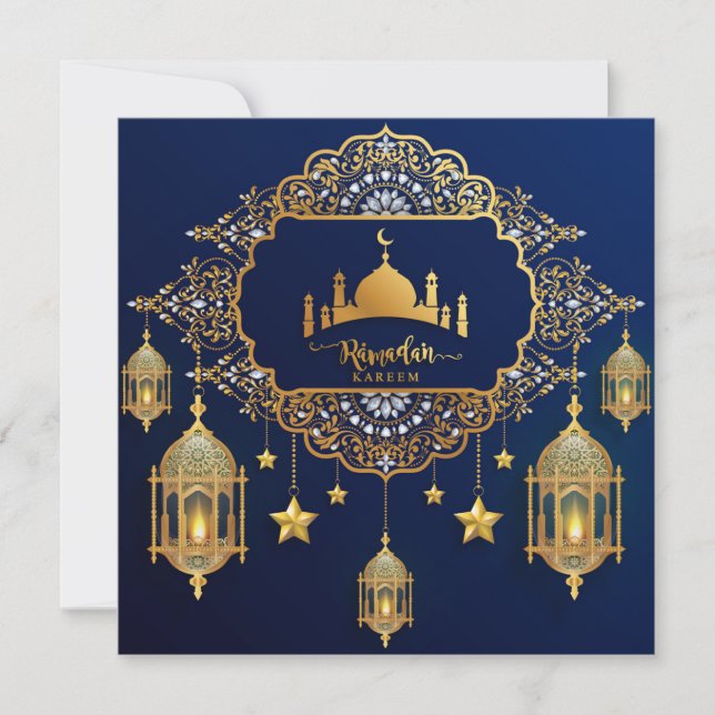 Ramadan Mubarak Gold Mosque Islamic Lantern Blue Holiday Card (Front)