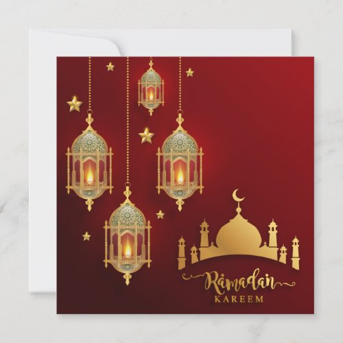 Ramadan Mubarak Gold Mosque Islamic Lantern Red Holiday Card