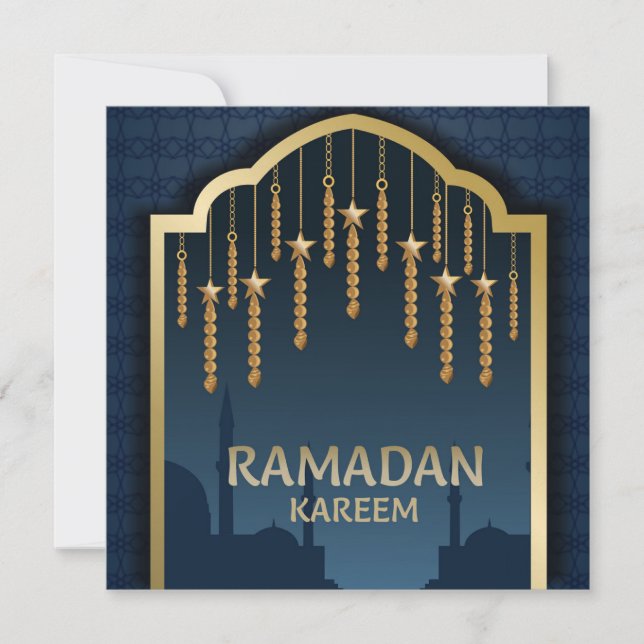 Ramadan Mubarak Gold Stars Masjid Silhouette Blue Holiday Card (Front)