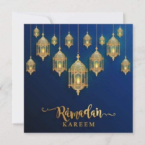 Ramadan Mubarak Golden Islamic Lanterns Blue Holiday Card