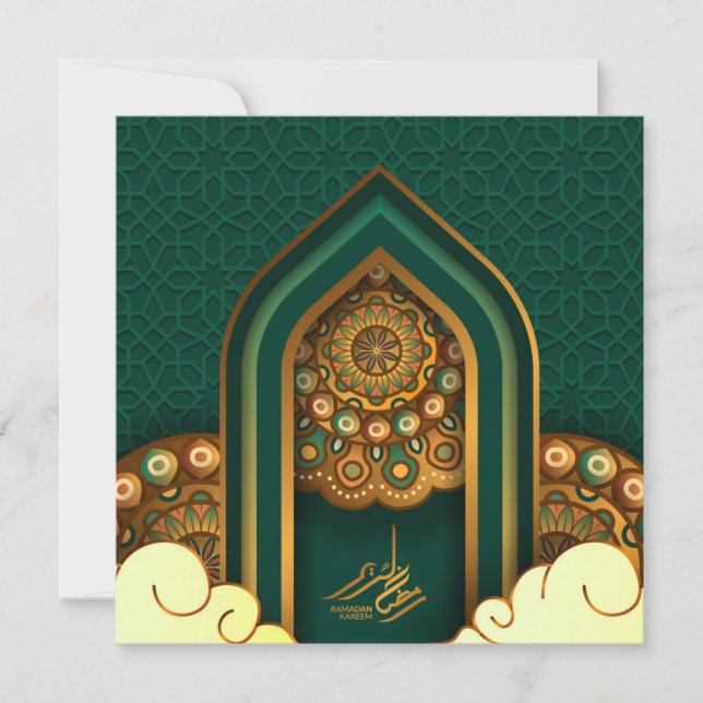 Ramadan Mubarak Golden Islamic Lanterns Green Holiday Card (Front)
