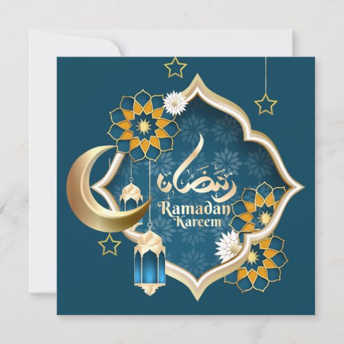 Ramadan Mubarak Islamic Lantern Crescent Star Blue Holiday Card