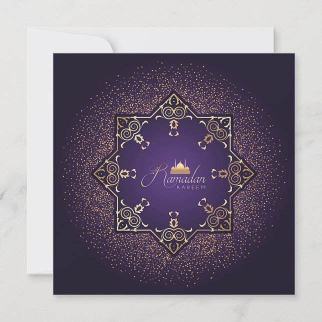  Ramadan Mubarak Mosque Purple and Golden Holiday Card (Front)