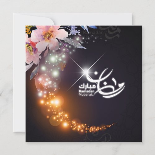 Ramadan Mubarak Shiny Crescent Pink Flowers Holiday Card