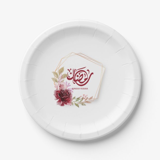 Ramadan Mubarak Watercolor Floral Paper Plates (Front)