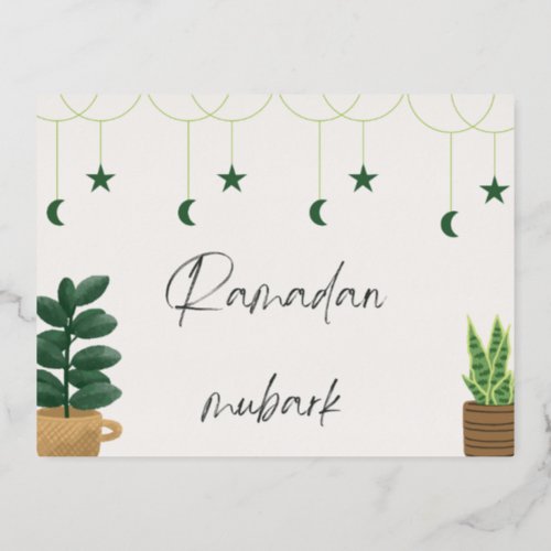 Ramadan mubark with green plant foil holiday postcard