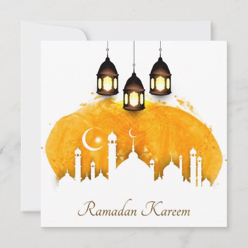 Ramadan Watercolor Crescent  star and lanterns  Holiday Card