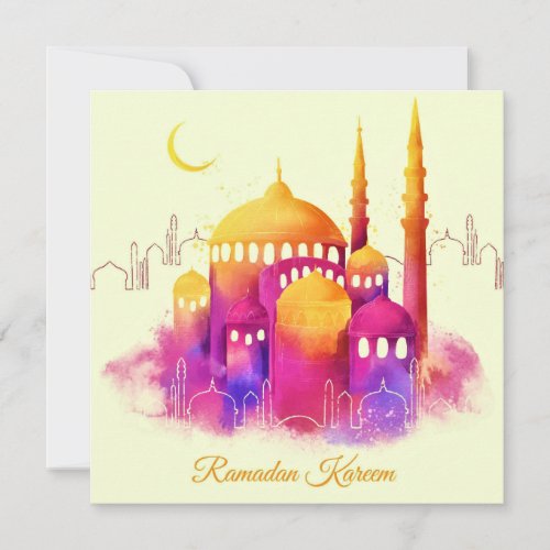 Ramadan Watercolor Gold Mosque Crescent   Holiday Card