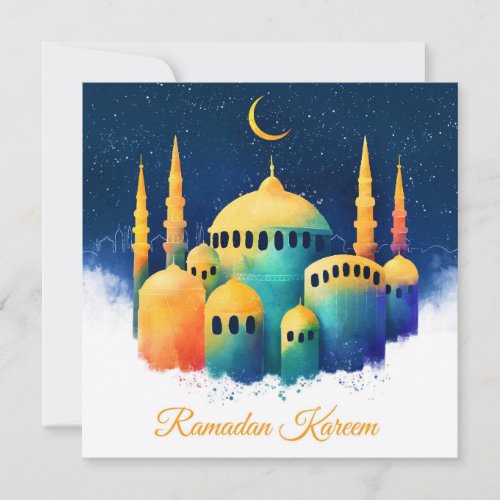 Ramadan Watercolor Mosque Crescent  Holiday Card