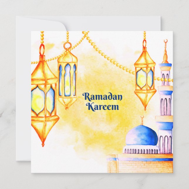 Ramadan Watercolor mosque ,star and lanterns  Holiday Card (Front)
